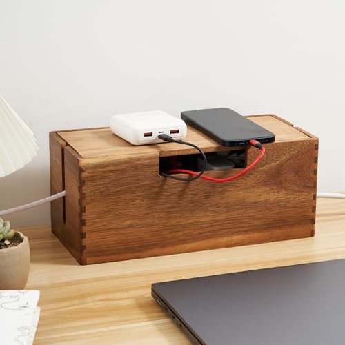 LiTY Acacia Wood Cable Management Box, Wooden Cord Hider & Organizer for Power Strip, Electrical Hiding, TV Wires, Desk & Floor Cables - Office Under