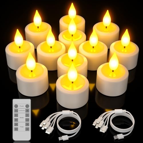 Yme Rechargeable Tea Lights Candles with Remote Timer, 12pcs Flameless Flickering LED Electric Tealights Candles with USB Cables for Home Lantern