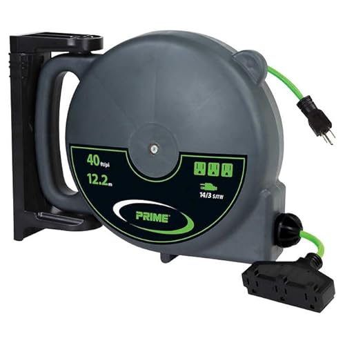 Prime Wire & Cable 40FT 12m Retractable Extension Cord Reel, Heavy Duty Power Cord Reel with Triple Outlets, 14AWG/3C SJTW Cord, Circuit Breaker