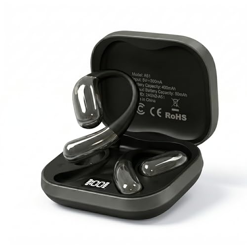 Open Ear Headphones, Wireless Headphones with Smart Digital Display & Mic, Open Ear Earbuds 35H Playtime, Sweat Resistant & Waterproof, Secure