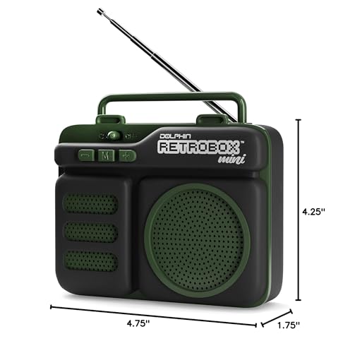 Retrobox Mini by Dolphin, Portable Bluetooth Speaker for Worksite with MP3, FM Radio, AUX | Durable & Long Lasting Battery (Military Green)