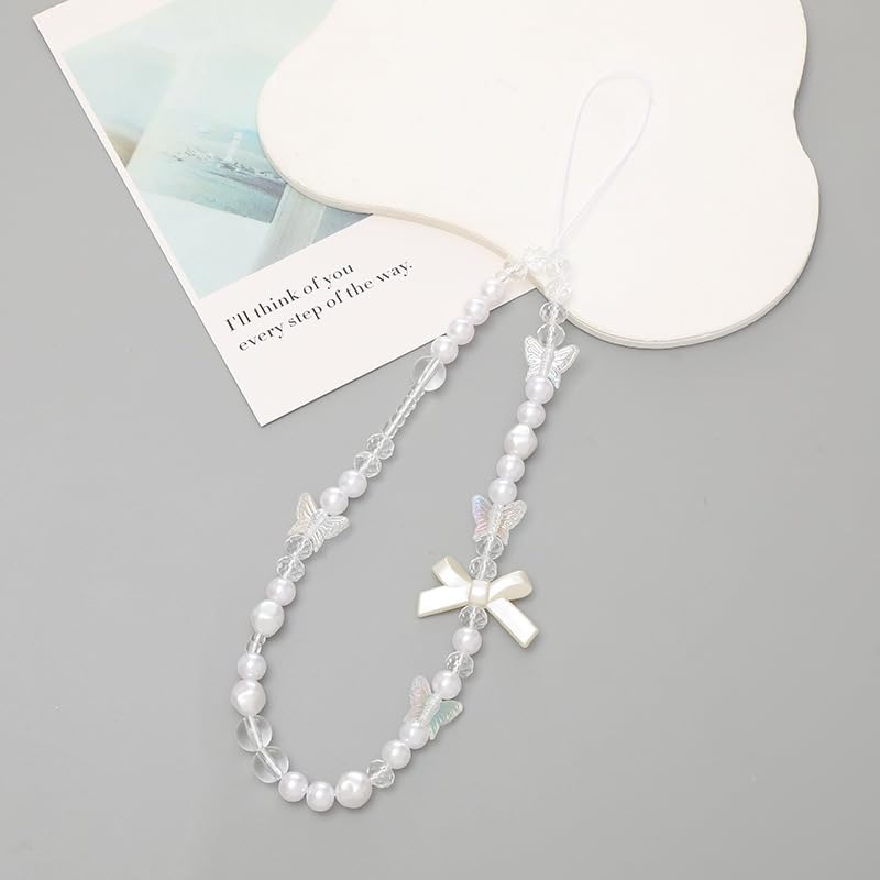 Juroicessry White Mobile Phone Lanyard Universal Phone Chain Black Bow White Pearl Beaded Phone Lanyard Wrist Strap Anti Lost Phone Charm Strap