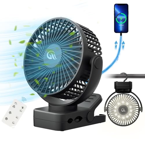 OUTERFAN Portable Fan with Remote Control & Timer & LED Lights, 60hrs 12000mAh USB Rechargeable Battery?Clamp/Hanging/Stand Up, Small Clip on Fan