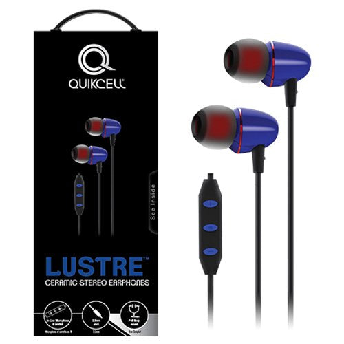 Quikcell Ceramic Wired Headset with 8MM Drive for Purity of Sound for Apple & Android - Retail Packaging - Blue