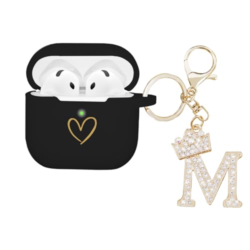 AIIEKZ Compatible with AirPods 4 Cover 2024, Soft Silicone Case With Gold Heart Pattern for 4th Generation, Rhinestone Studded Letter A-Z Keychain (M
