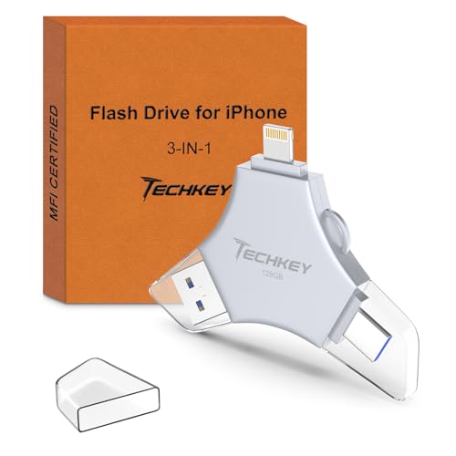 MFi Certified USB 3.0 Flash Drive 128GB for iPhone, 3in1 External Memory Photo Keeper Storage Stick for Picture/Video/Data Saver/Backup, High Speed