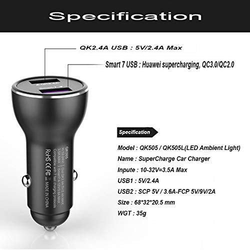 for Huawei Supercharge Car Charger, 9V/2A Car Charger Adapter Quick Fast Charger with USB Type C Super Charging Cable Car Charger for Huawei P40 P30