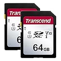 Transcend 64GB Secure Digital SDXC UHS-I Memory Card, Compatible with Panasonic HC-V180 Camcorder - Class 10, U1, 100MB/s, 300 Series - Pack of 2