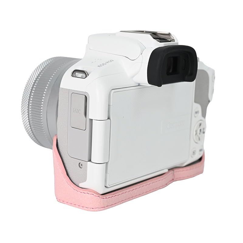 R50 Case, BMAOLLONGB Handmade PU Lichee Leather Half Camera Case Bag Cover Bottom Opening Version for Canon Eos R50 with Hand Strap (Pink)