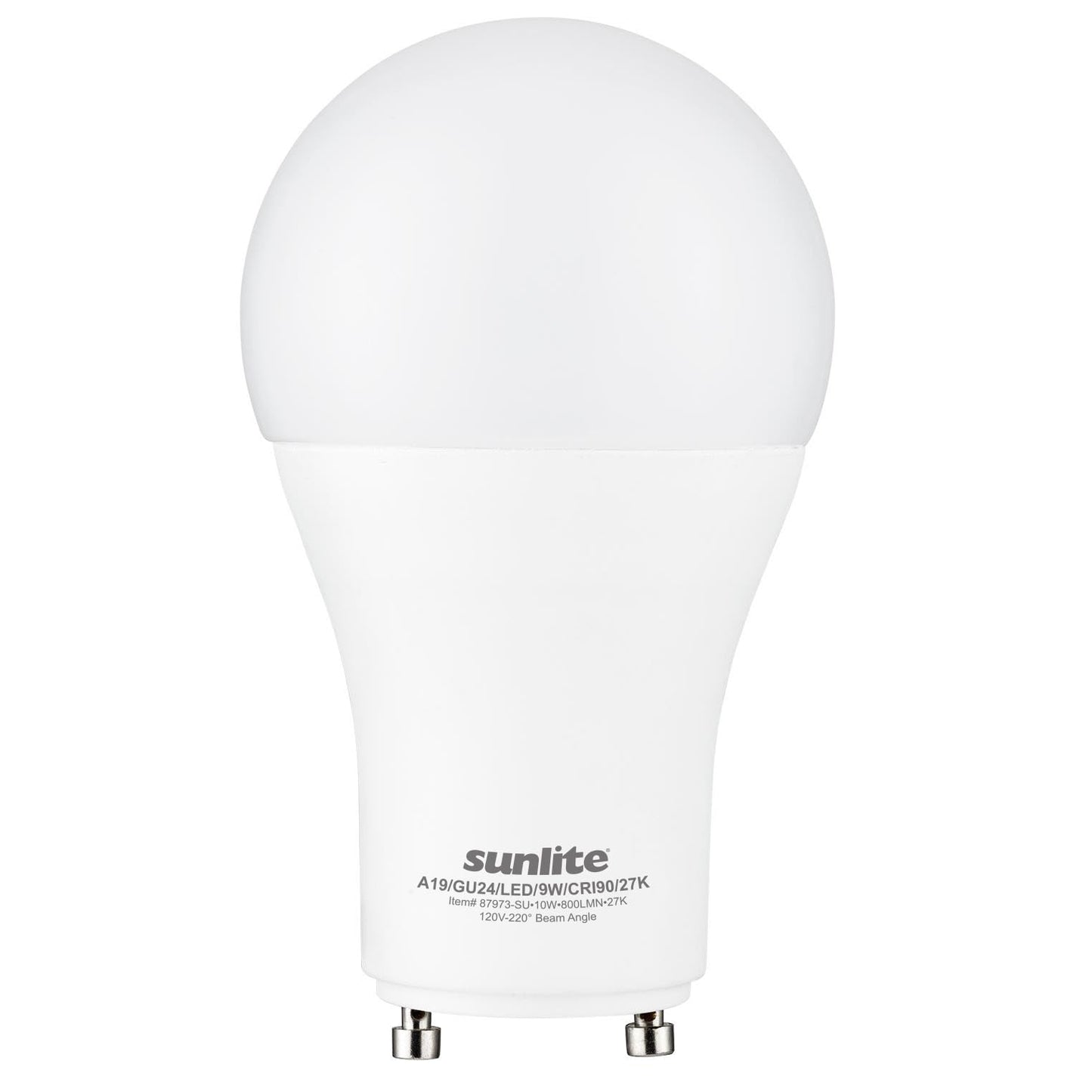 Sunlite A19 GU24 Dimmable Light Bulb, 9 Watts (60WEquivalent) 800 Lumens, 2 Prong LED Twist and Lock Base, 90 CRI, ETL Rated for Enclosed Fixtures