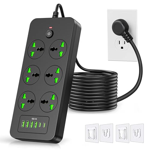 Flat Plug Extension Cord, Universal Power Strip with 6 Outlets 4 USB 2 USB C Ports, 3.1A Fast Charge?Overload Protection, 3000w, 110-240v, Plug
