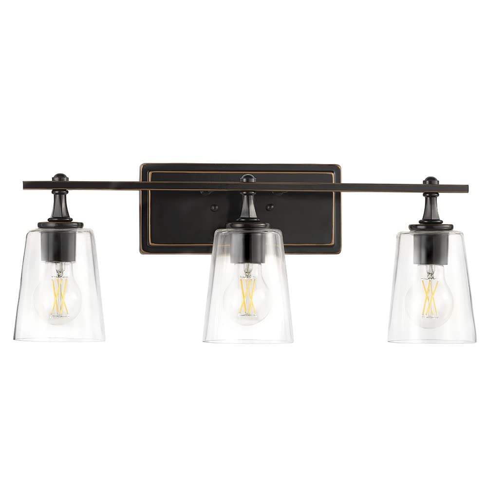 Maxxima 3-Light LED Vanity Light Fixture, Farmhouse Bathroom Vanity Wall Light, 2400 Lumens, 2700K Warm White Modern Clear Glass Wall Light, A19 Bulbs