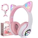 kuyaon Wireless Headphones for Kids, Cat Ear LED Light Up Bluetooth Kids Headphones with Microphone for School/Travel/Sports/Gaming/Gifts/Christmas