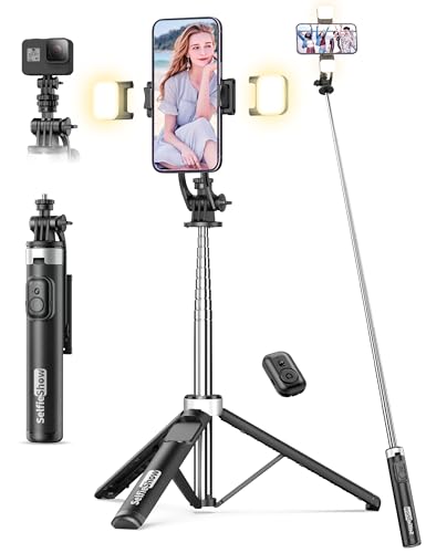 53'' Selfie Stick Tripod with Light, Extendable Selfie Stick with Remote, Portable Cell Phone Tripod Stand with All in 1 Phone Clip, Lightweight
