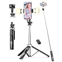 53'' Selfie Stick Tripod with Light, Extendable Selfie Stick with Remote, Portable Cell Phone Tripod Stand with All in 1 Phone Clip, Lightweight