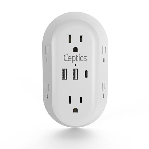 Ceptics 20W Wall Power Strip Charger - Small & Compact - Surge Protector 1800J - Grounded Dual USB + USB-C PD & QC 3.0-6 USA Outlets Input (20W)