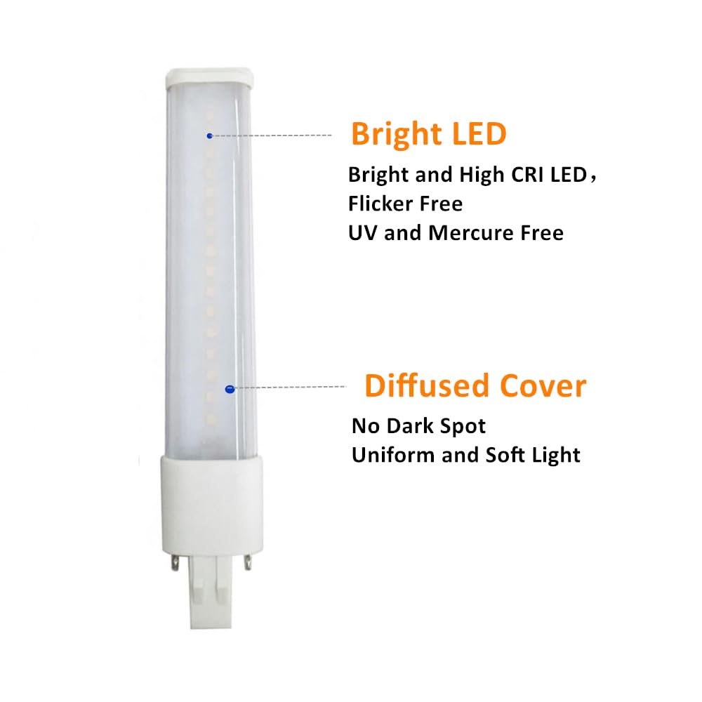 ULIKELED 2 Pack 7W 2 Pin GX23 LED Horizontal PL Light Bulb, 13W CFL Equivalent, PLS-13W Replacement LED Plug & Play Light Bulb(Daylight White 6000K)