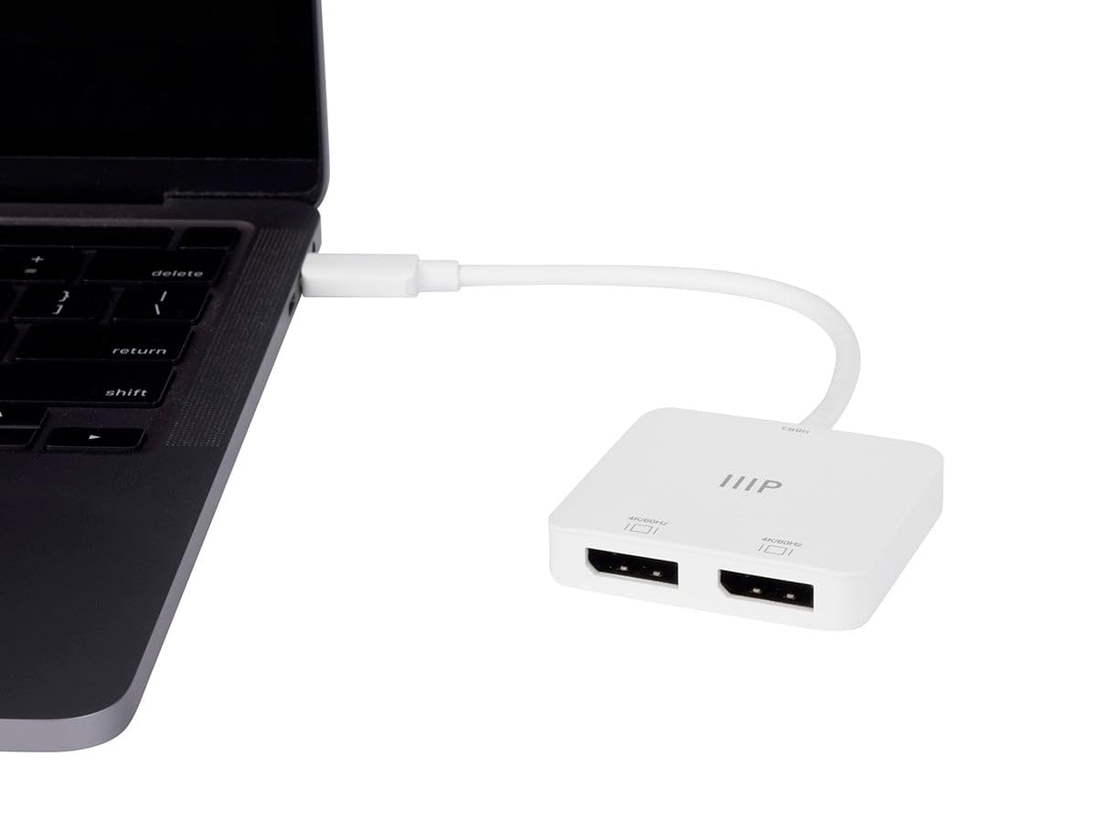 Monoprice USB-C to Dual 4K DisplayPort Adapter (Dual 4K@60Hz) HDR, Supports MST, SST, and Mirror Modes, Portable, Compatible with Thunderbolt 3