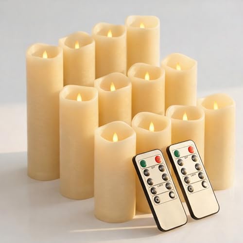 Waterproof Flameless Candles, 12 PC Battery Operated LED Pillar Candles with 2 Remote Controls & Timer, Flickering Indoor Outdoor Candles for Wedding