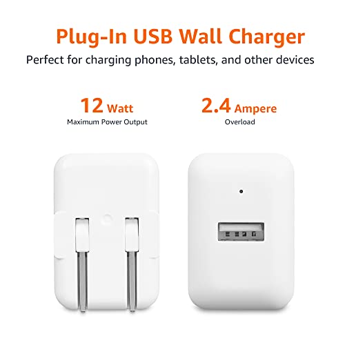 Amazon Basics 12W One-Port USB-A Wall Charger (2.4A), Portable, for Phones (iPhone 16/15/14/13/12/11/X, Samsung, and more), 2-Pack, White