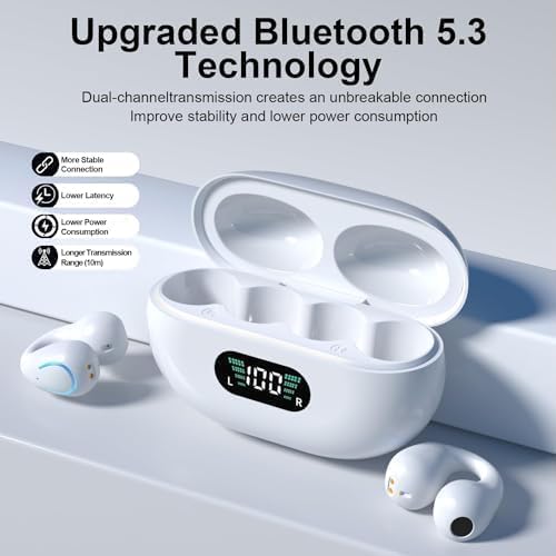 SHIJIAET Open Ear Clip Earbuds Over The Ear Headphones Wireless Bluetooth Waterproof Bone Conduction Earbuds for Fitness and Running, Secure Fit…