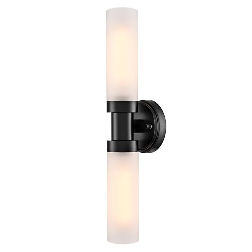 TEENYO Modern 2-Light Black Wall Sconce, Cylinder Frosted Glass Bathroom Wall Light Fixtures 20-Inch Black Glass Sconces Wall Lighting for Bedroom