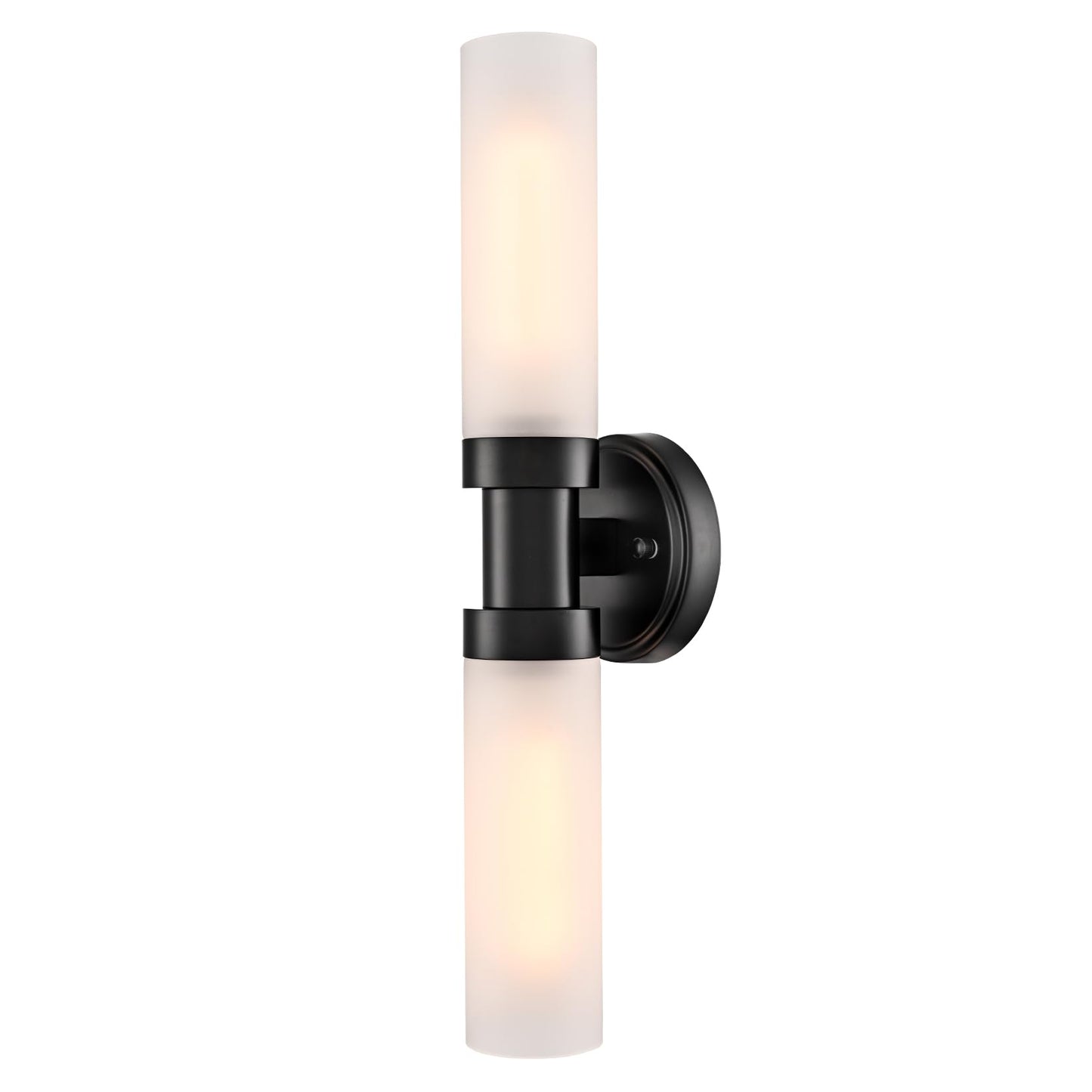 TEENYO Modern 2-Light Black Wall Sconce, Cylinder Frosted Glass Bathroom Wall Light Fixtures 20-Inch Black Glass Sconces Wall Lighting for Bedroom