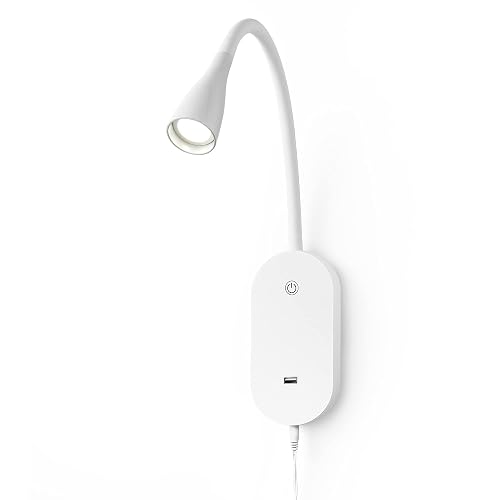 TOPMB Wall Mount Reading Light, Focused Book Light for Reading in Bed, 5 Dimming, USB Output, 4 Hours Auto Off, Touch Control, Flexible Gooseneck