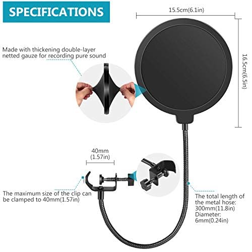 Neewer Professional Microphone Pop Filter Shield Compatible with Blue Yeti and Any Other Microphone, Dual Layered Wind Pop Screen With A Flexible 360