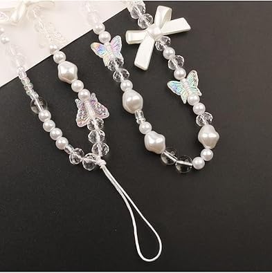 Fansoftiks White Butterfly Beaded Phone Lanyard Wrist Strap Anti Lost Decorative Pendant for Women Girls