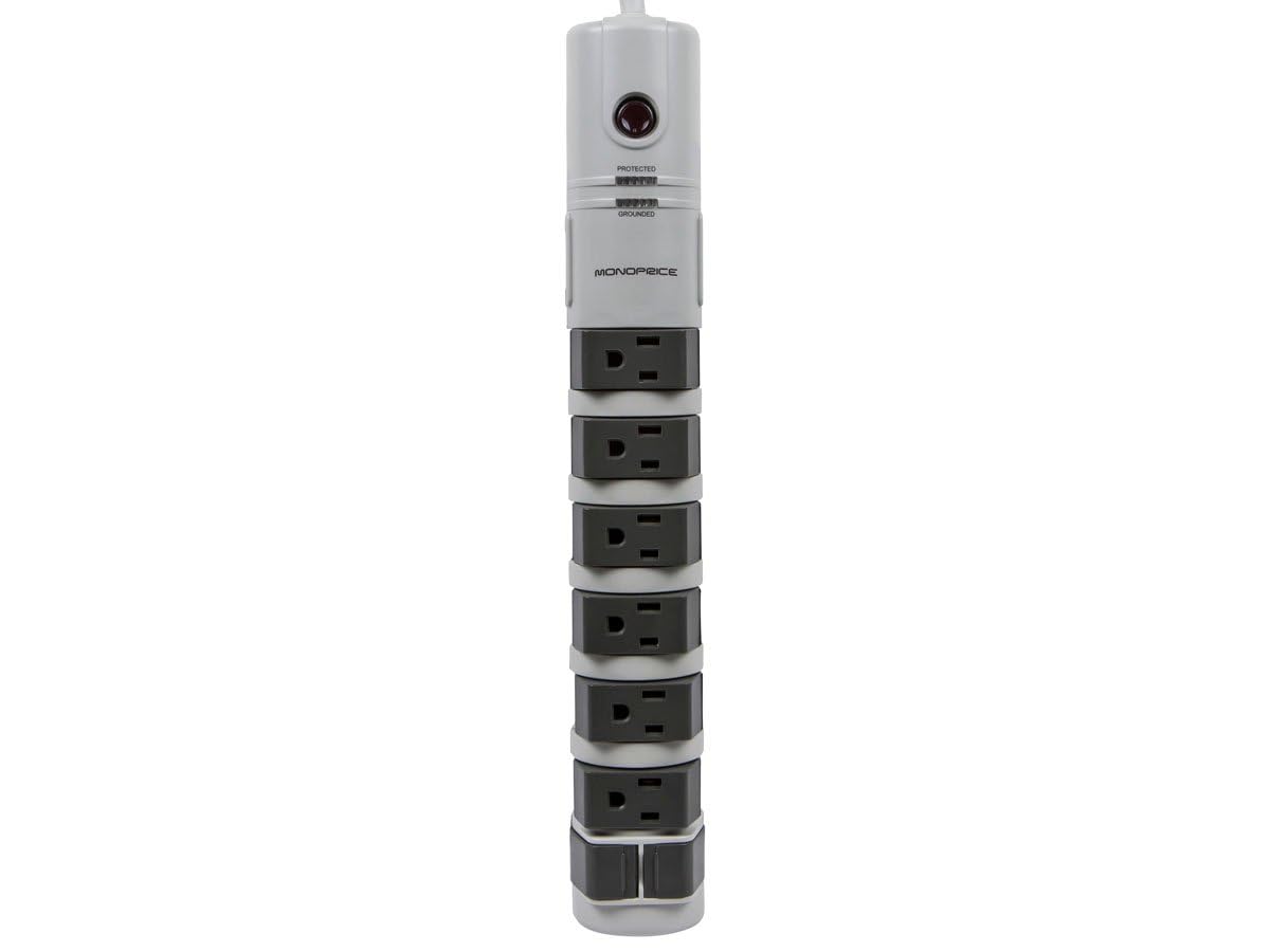 Monoprice 8 Outlet Rotating Surge Strip - UL Rated 2,160 Joules with Grounded and Protected Light Indicator, Gray