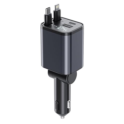 4 in 1 Retractable Car Charger,Super Fast Charging Car Chargers ?with 2 Retractable Cords and 2 UBS Port, Car Adapter for iPhone 16/15/14/13/12 Series
