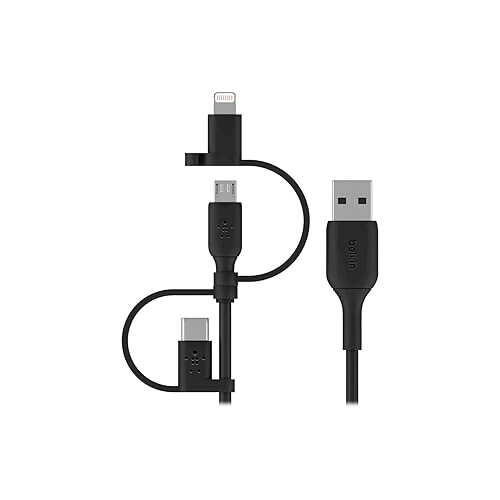 Belkin BoostCharge 3-in-1 USB-A to USB-C, Lightning, Micro-USB Charging Cable (1M/3.3ft) for iPhone 16, iPhone 16 Pro, iPad, Galaxy S25, S24, Pixel
