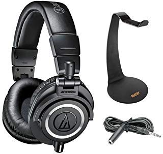 Audio-Technica ATH-M50x Monitor Headphones (Black) with Headphone Stand & Extension Cable 10'
