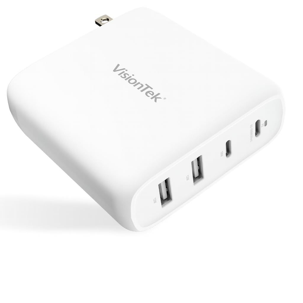 VisionTek 100W 4-Port USB-C Wall Charger, GaN Fast Charge, Foldable Plug