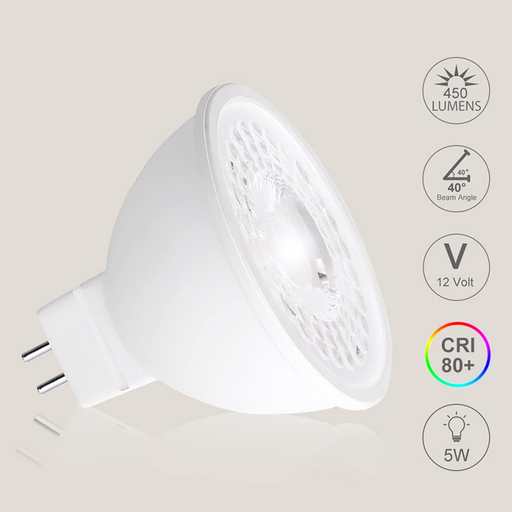 FTL MR16 LED 12V Low Voltage GU5.3 Bipin 50W Halogen Equivalent Bulb 3000K Warm White 5W 40 Degree Non Dimmable Spot Light for Track and Outdoor