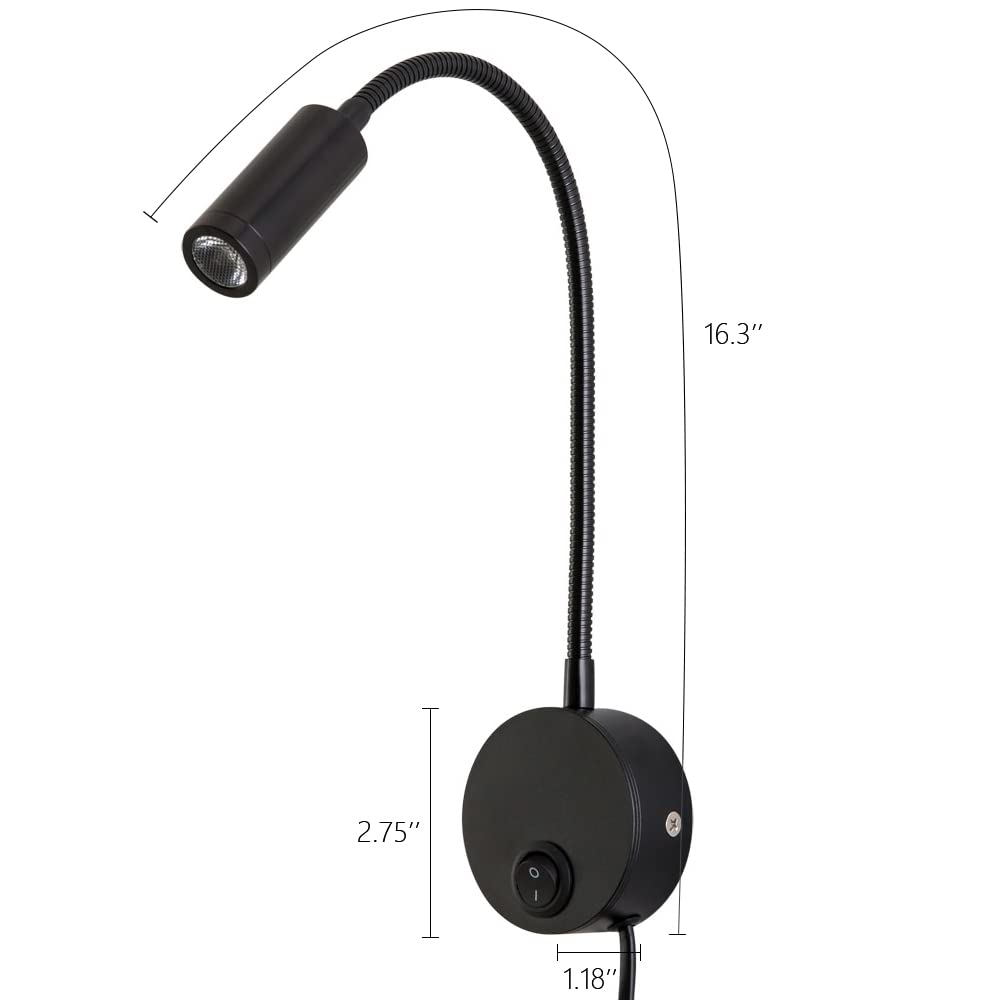 Agese Wall Mounted Reading Light Sconces Lamp LED 3W Warm White 3000K Plug Cord Black Finished 1 Piece