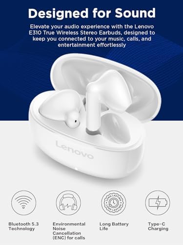 Lenovo E310 True Wireless Earbuds, Bluetooth 5.3 TWS Headphones with 13mm Drivers, AI Noise Reduction Mic, Up to 20H Battery with Case, USB-C