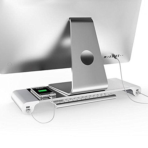 Aluminum Alloy Desktop Monitor Stand Space Bar Non-Slip Laptop Stand Riser with 4-Ports USB Charging for iMac, MacBook Pro, Air (White UK Plug)