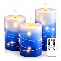 haitanghua Blue Flameless Candles Set of 3, Real Wax with Remote Timer