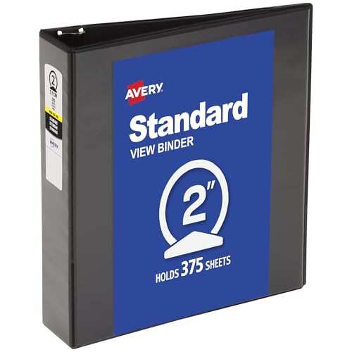 Avery® Standard View 3 Ring Binder, 2" Round Rings, 375-Sheet Capacity, 2.8 Inch Wide Spine, 1 Black Binder, Ideal for Lightweight Organization