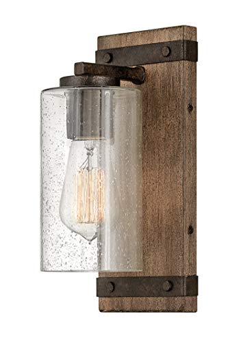 Hinkley Sawyer 5940SQ Single Light Vanity Bath Light Fixture, Rustic Wall Sconce, Mount Up or Down, Farmhouse Style, Sequoia and Iron Rust