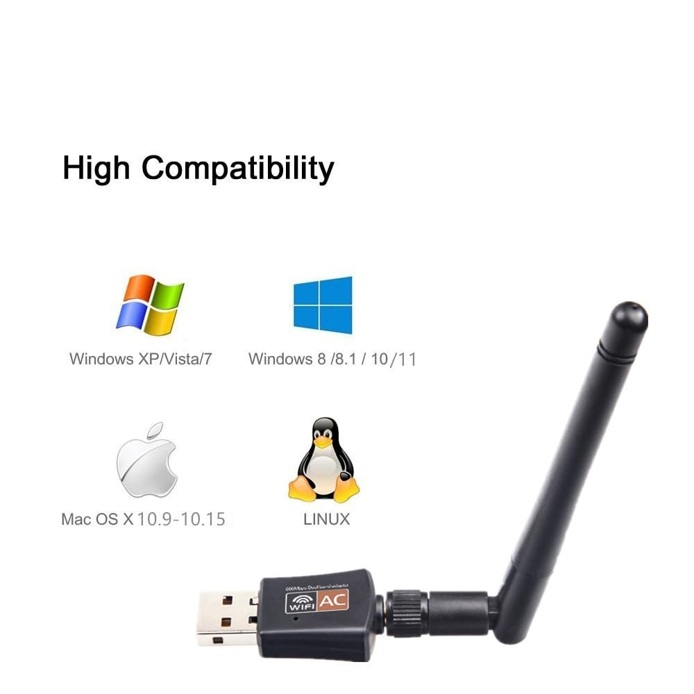 600Mbps Dual Band 2.4/5GHz Internet USB WiFi Adapter, Laptop Wireless Receiver Network Dongle with Antenna, Compatible with Windows