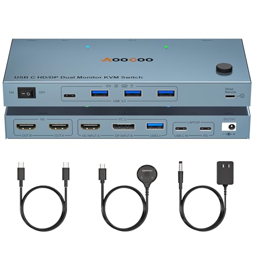 USB C KVM Switch 4K@60Hz,Dual Monitor USB C HDMI DP KVM Switch for 1 PC and 1 Laptop Sharing 2 Monitor and 4 USB3.0 Devices, PD Power for Laptop