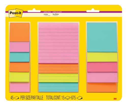 Post-it Super Sticky Notes, Multi-Size, Supernova Neons, 15 Lined Pads