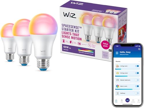 WiZ Connected Smart Light Bulbs, Sunset to Sunrise Automation + Motion Detection + Control with Voice or App, Full Color A19 60W 800LM Indoor, Matter