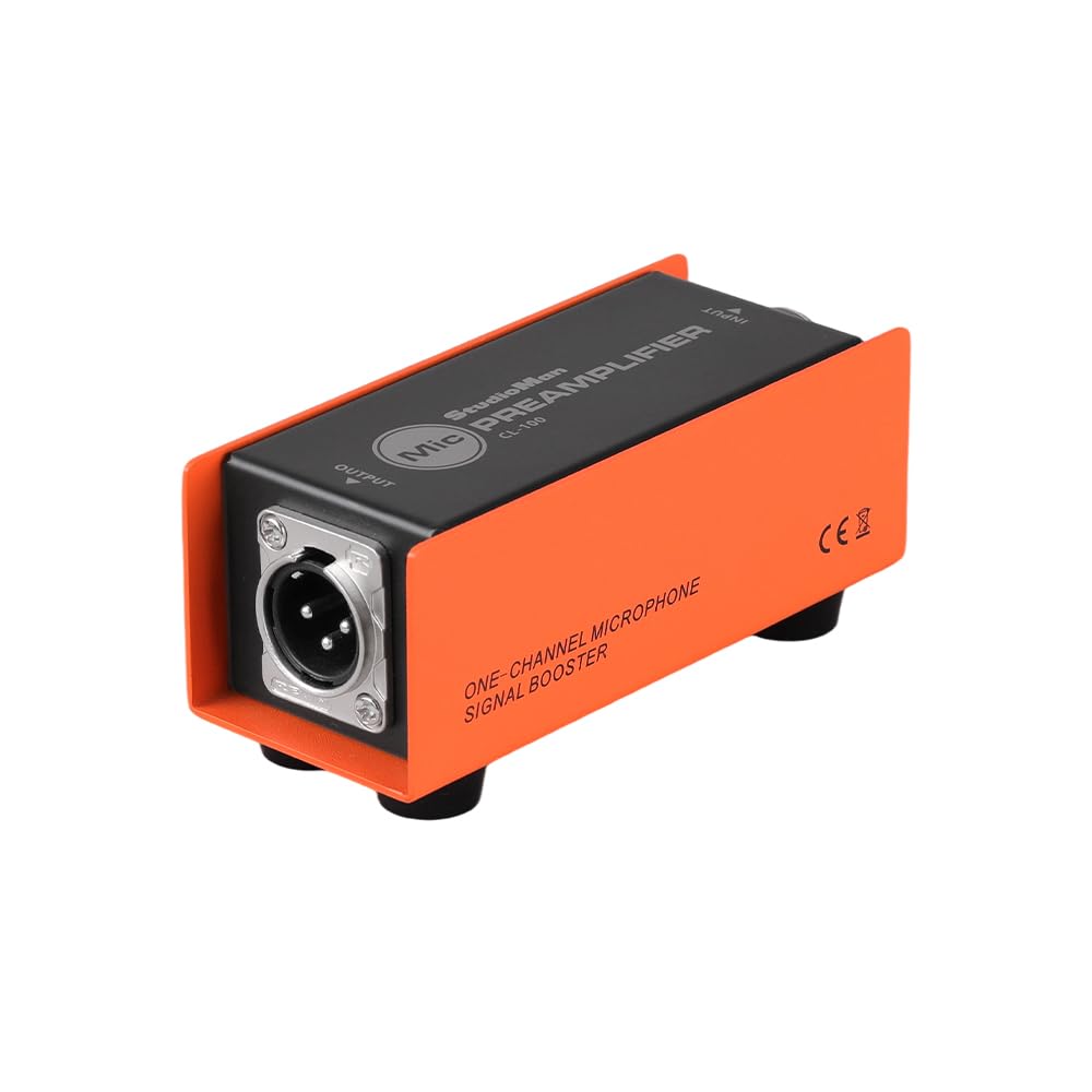 StudioMan CL-100 XLR Preamp for Dynamic Microphones,25dB Gain, Low-Noise Amplifier,Compact Metal Housing, XLR I/O,Orange/Black, Phantom Power