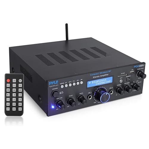 Pyle Wireless Bluetooth Power Amplifier System- 200W Dual Channel Sound Audio Stereo Receiver w/USB, SD, AUX, MIC w/Echo, Radio, LCD - Home Theater