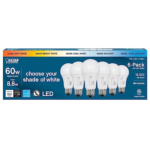Feit Electric LED 5-Color Choice - 60W Equivalent - 800 Lumen, 2700K Soft Whit, 3000K Bright White, 4000K Cool White, 5000K Daylight and 6500K Cool