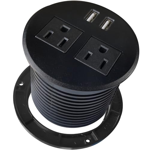 ApexDesk Desktop Power Grommet with Two Power Sockets, Two Quick USB Charging Ports, 6ft Power Cord and Lock Ring (Black)